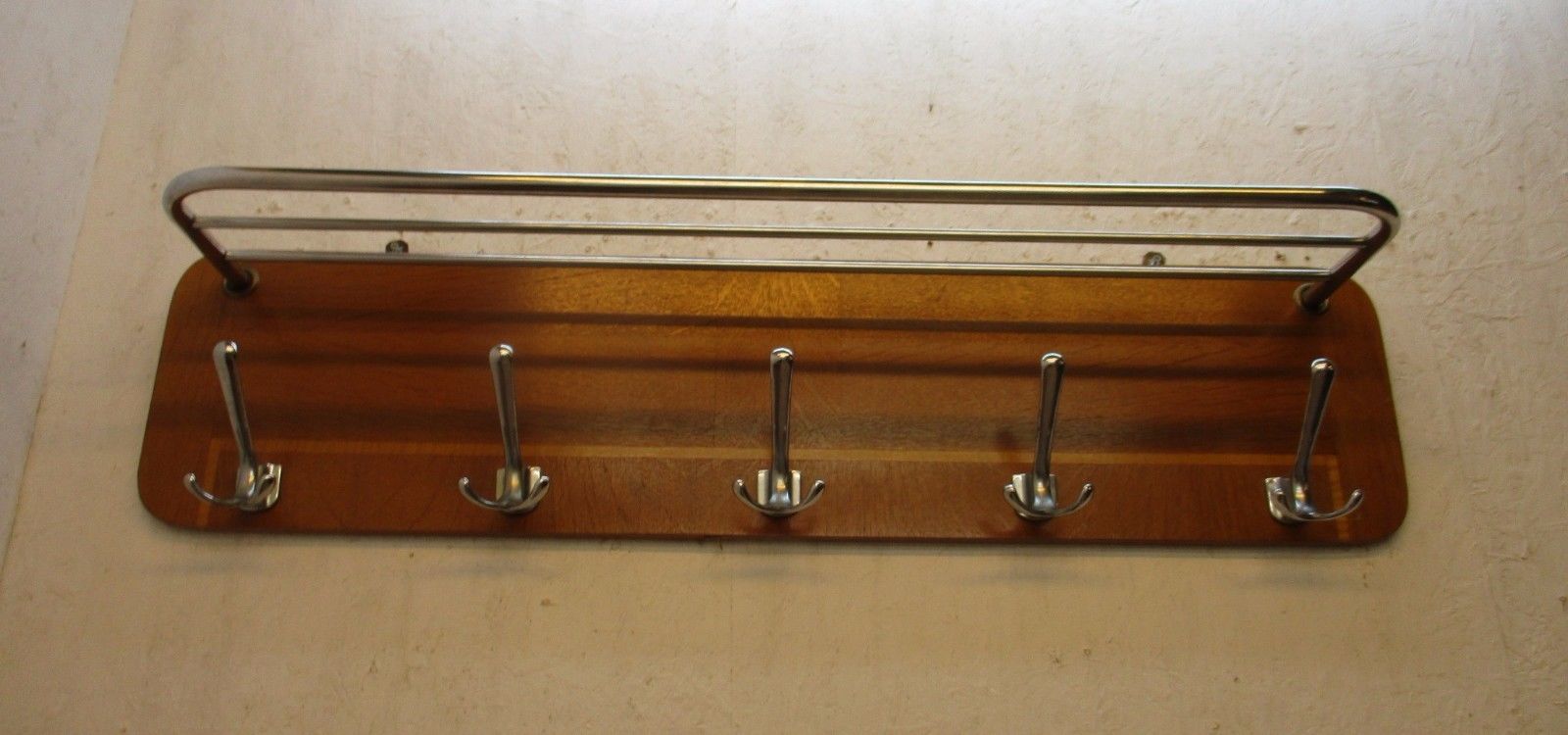 Mid-century Coat rack Oak veneer chrome bars and hooks 39.3 x 11.8 x 8.6 inch.