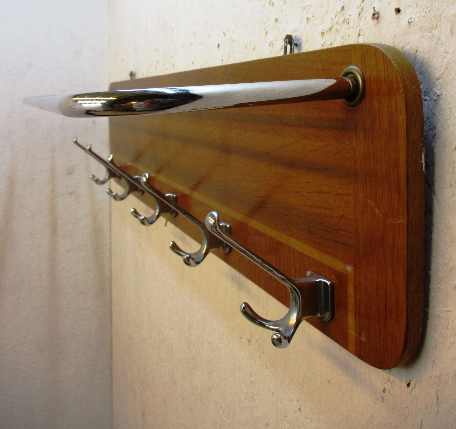 Mid-century Coat rack Oak veneer chrome bars and hooks 39.3 x 11.8 x 8.6 inch.