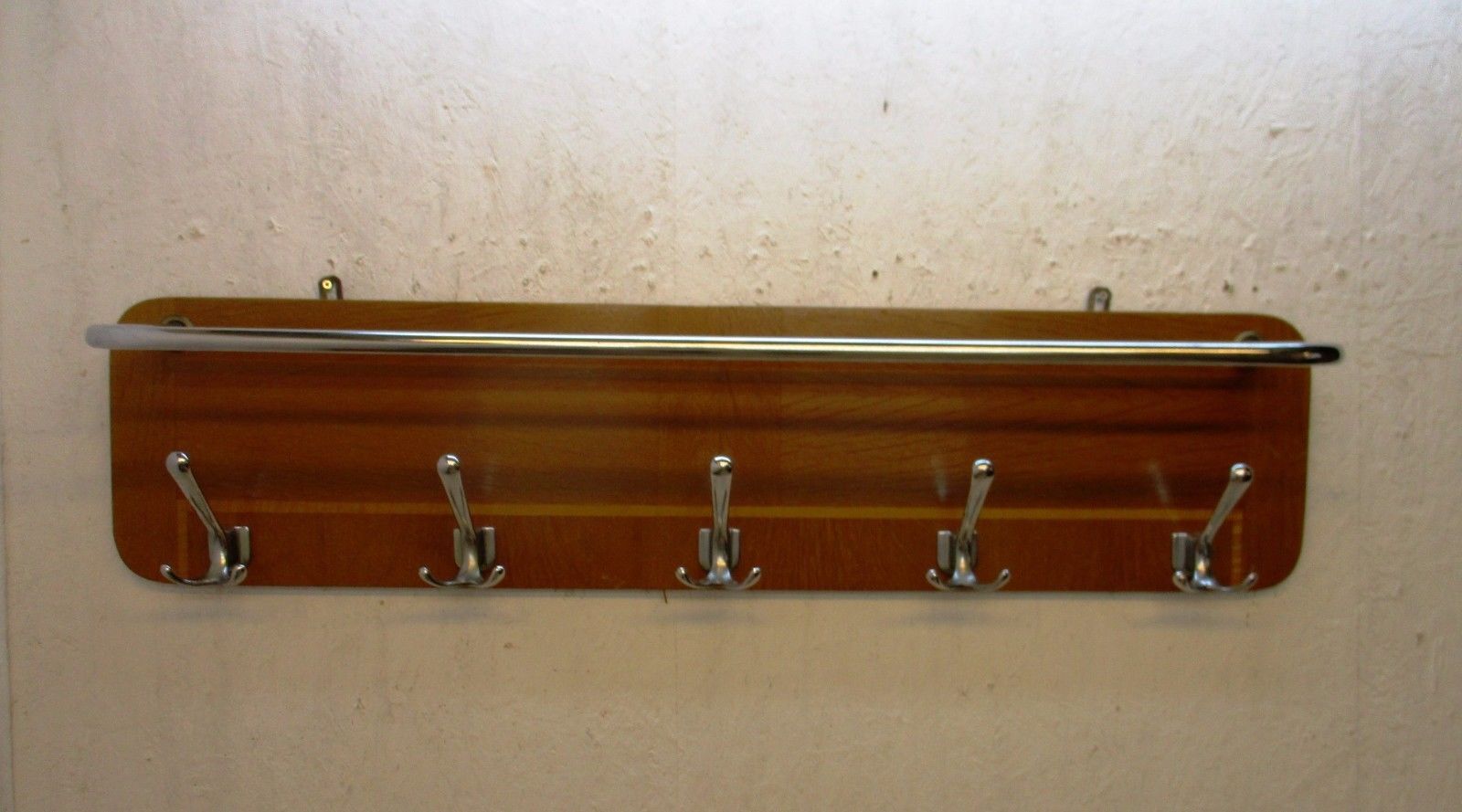 Mid-century Coat rack Oak veneer chrome bars and hooks 39.3 x 11.8 x 8.6 inch.