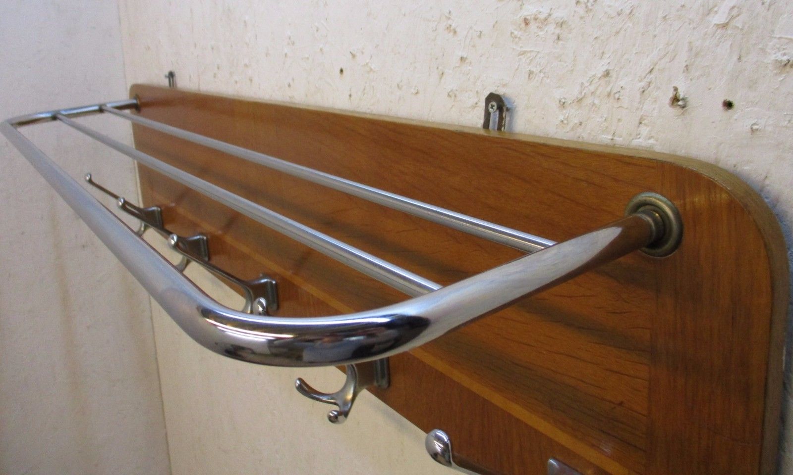 Mid-century Coat rack Oak veneer chrome bars and hooks 39.3 x 11.8 x 8.6 inch.