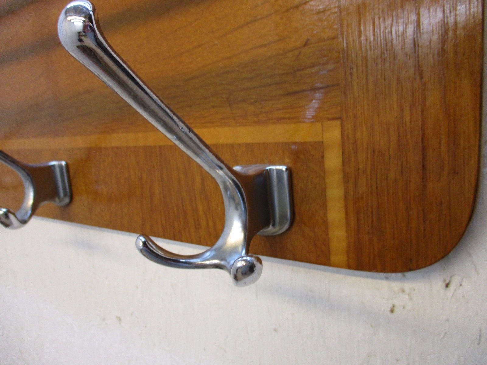 Mid-century Coat rack Oak veneer chrome bars and hooks 39.3 x 11.8 x 8.6 inch.