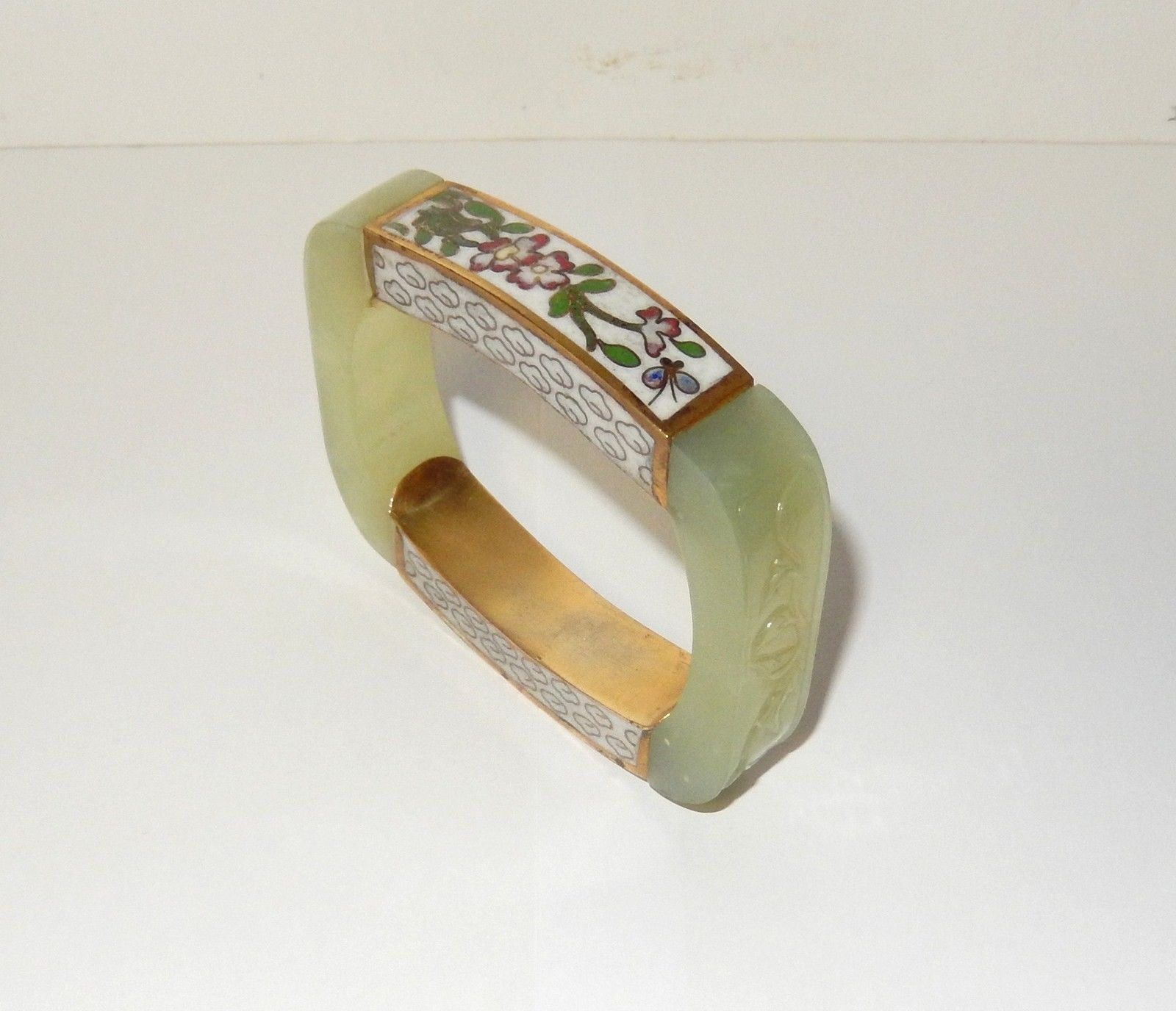 RARE LARGE 15MM WHITE CELADON CARVED JADE AND CLOISONNE BRACELET