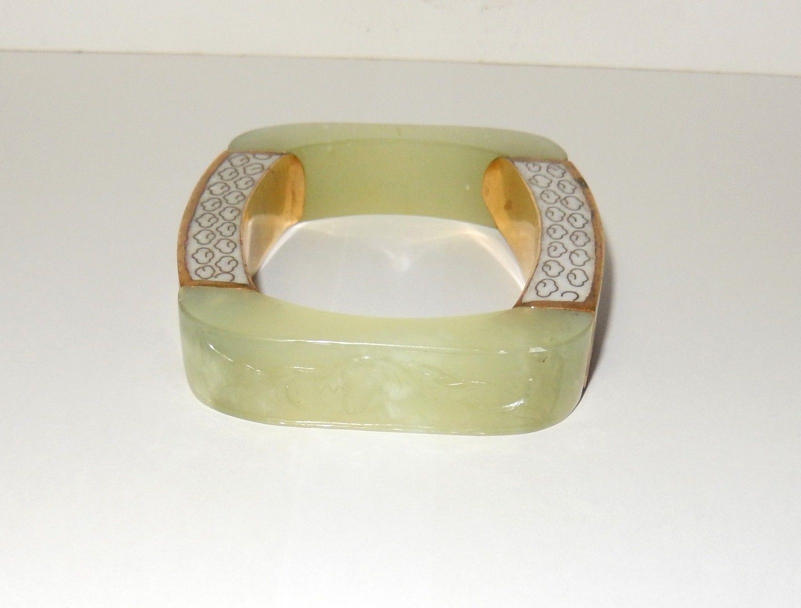 RARE LARGE 15MM WHITE CELADON CARVED JADE AND CLOISONNE BRACELET