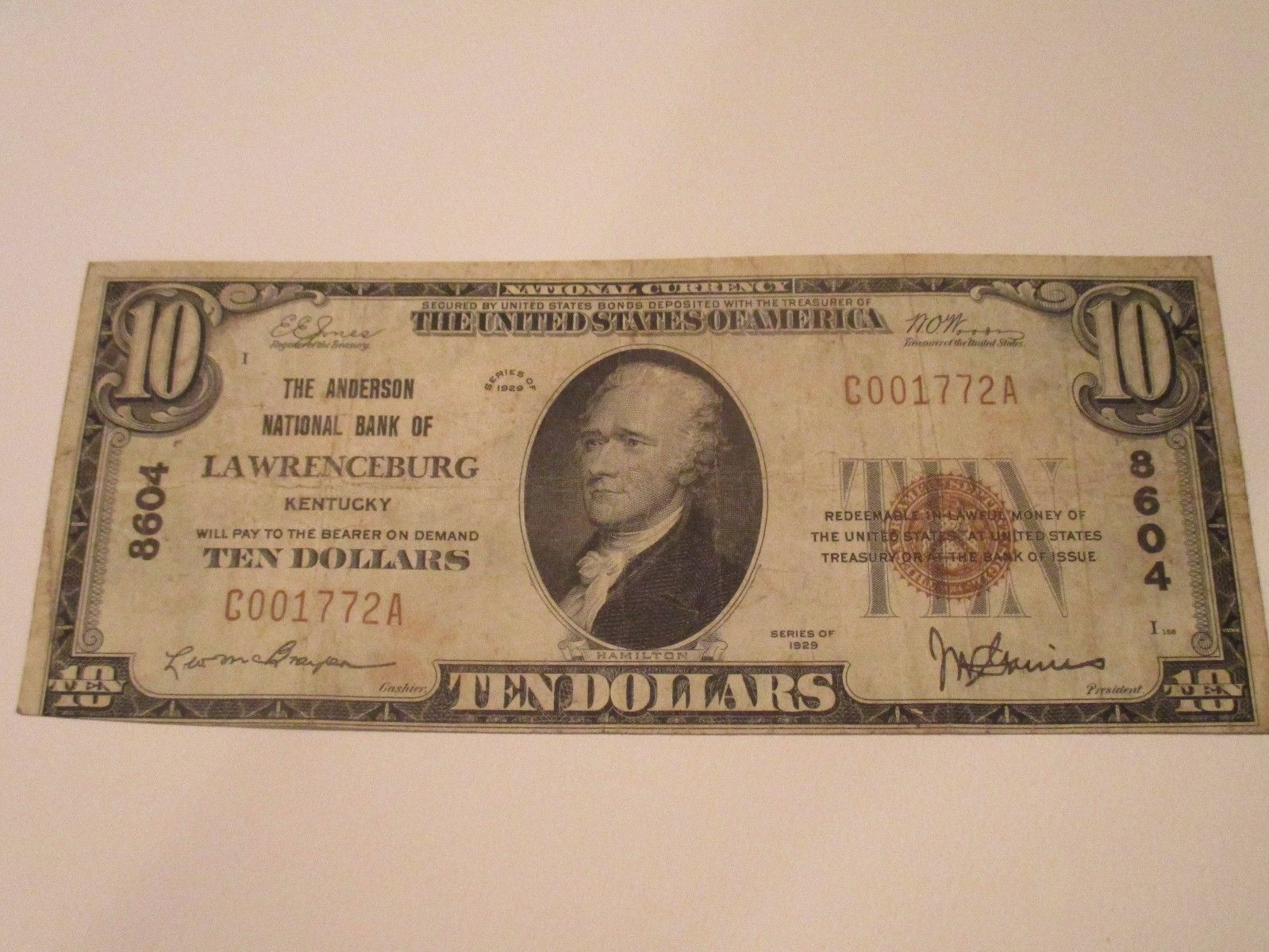 1929 - $10 The Anderson National Bank of Lawrenceburg, Kentucky – Rare