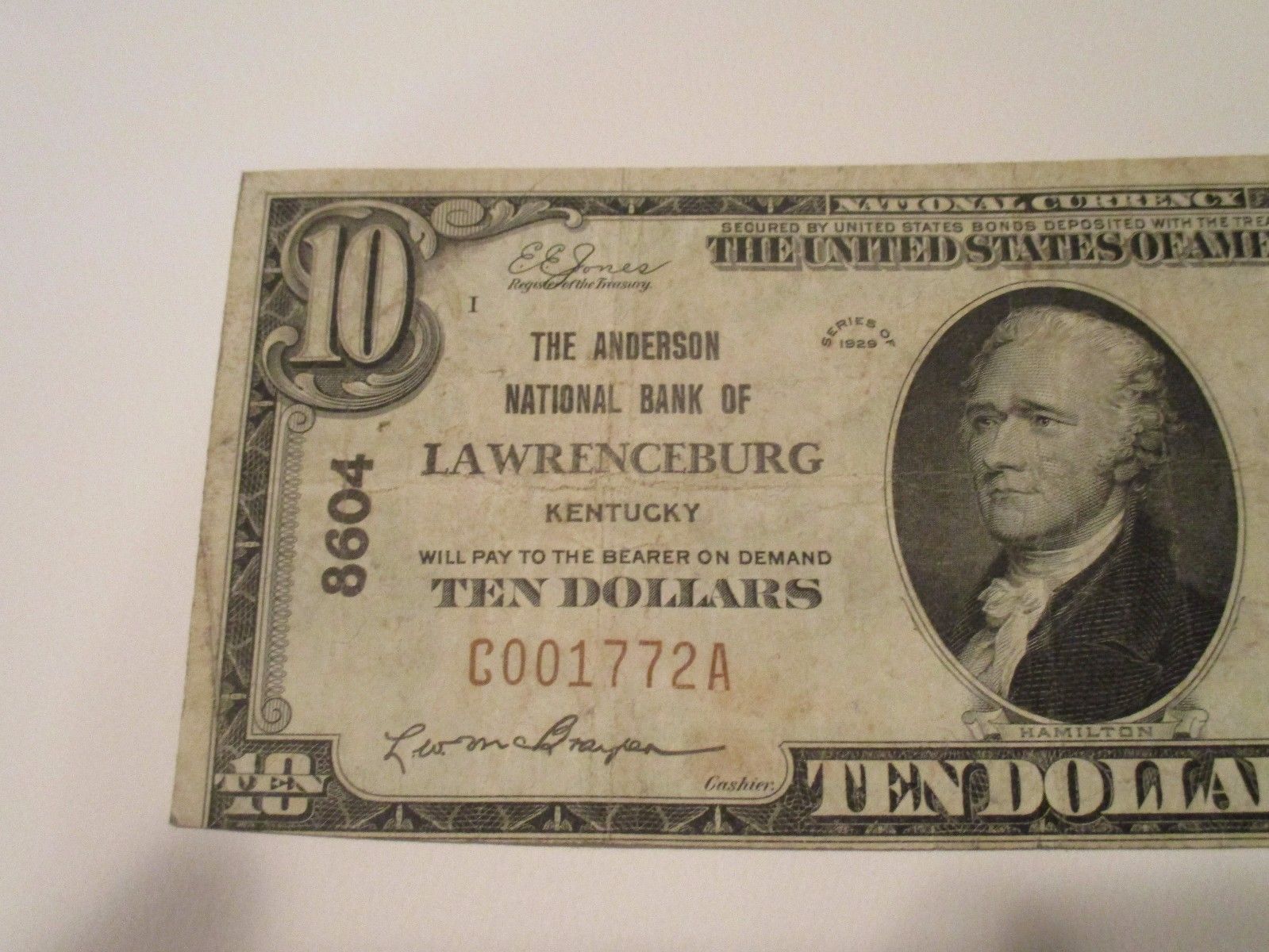 1929 - $10 The Anderson National Bank of Lawrenceburg, Kentucky – Rare