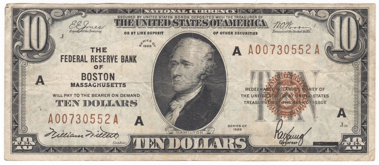 1929 TEN DOLLAR BILL NATIONAL CURRENCY BOSTON BROWN SEAL