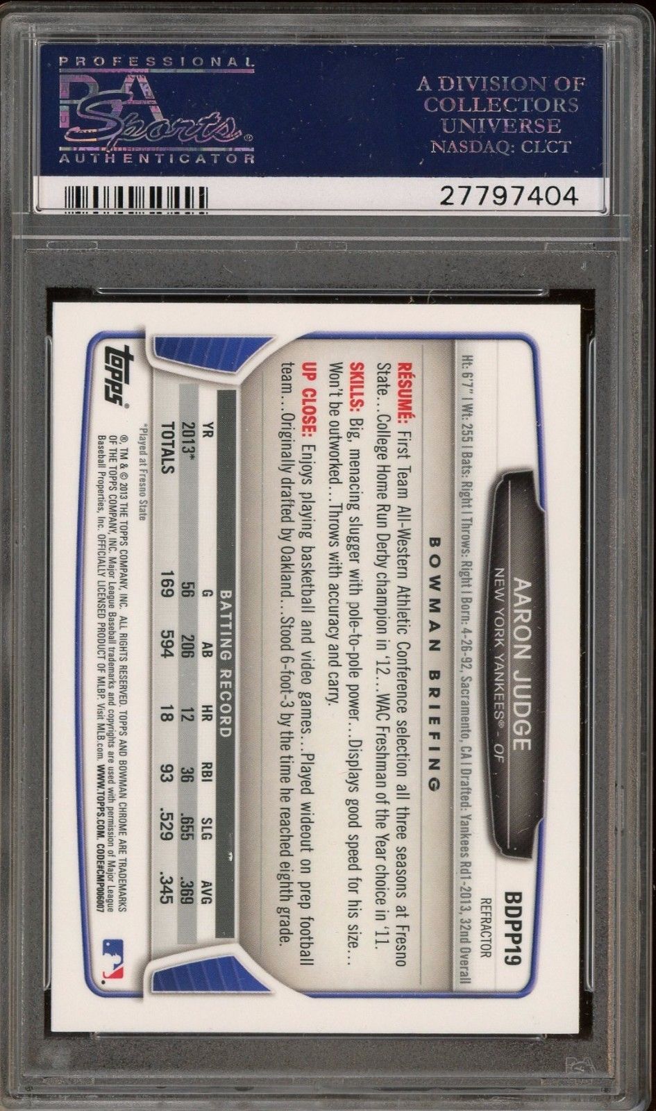 2013 Bowman Chrome Refractor Aaron Judge Yankees RC Rookie PSA 10 GEM MINT