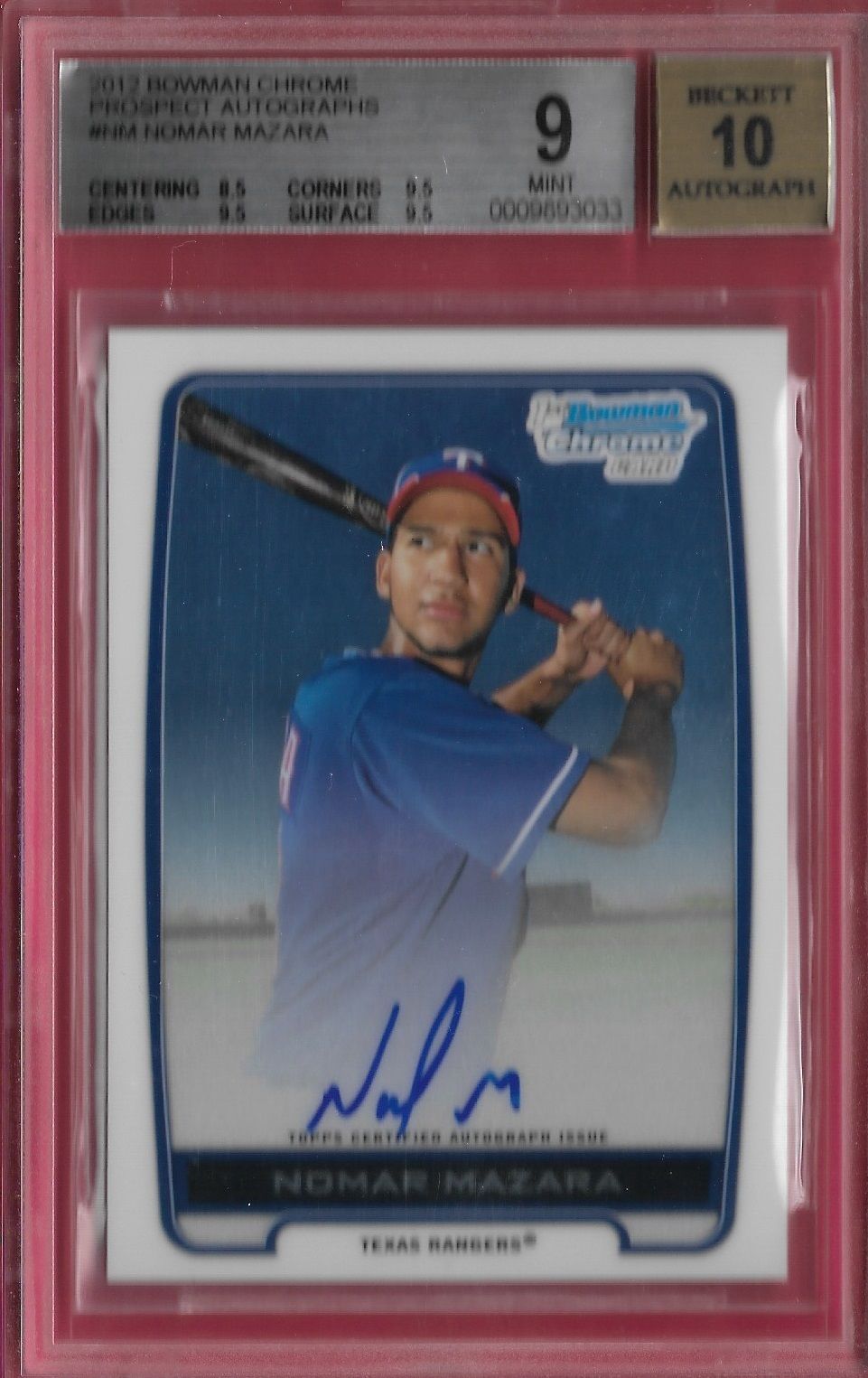 2012 Bowman Chrome Rangers Nomar Mazara Autograph Rookie Card BGS 9 w/10 AUTO!