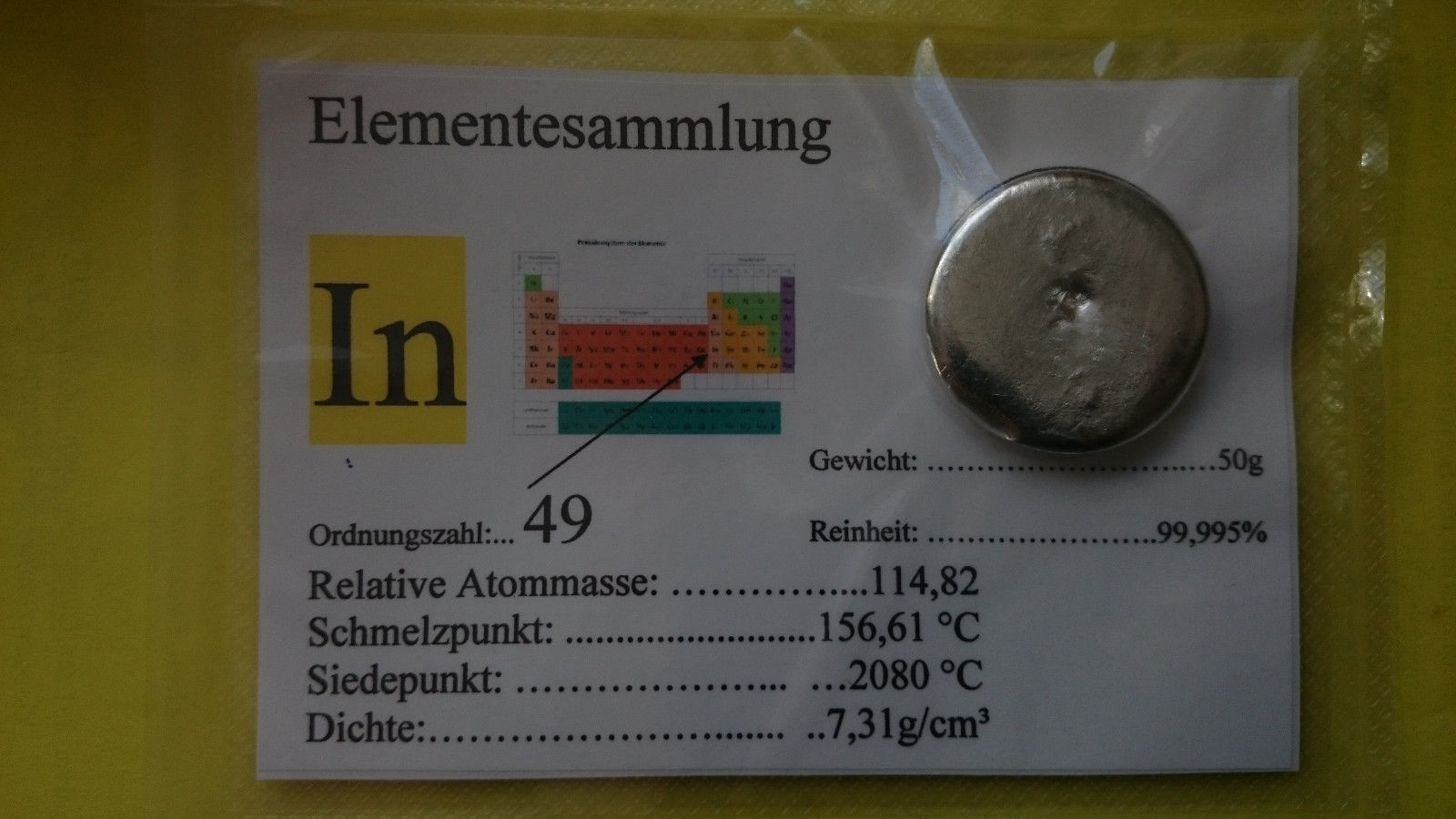 Indium Brick Round 50g 999,95 Original Welded + analysis certificate