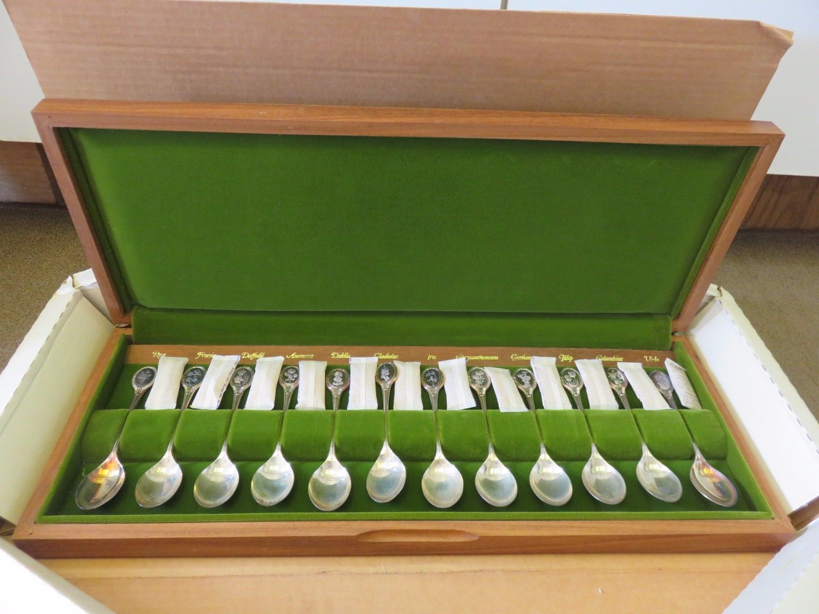 Royal Horticultural Society English Flower Spoons Vintage Sterling Silver Set 12