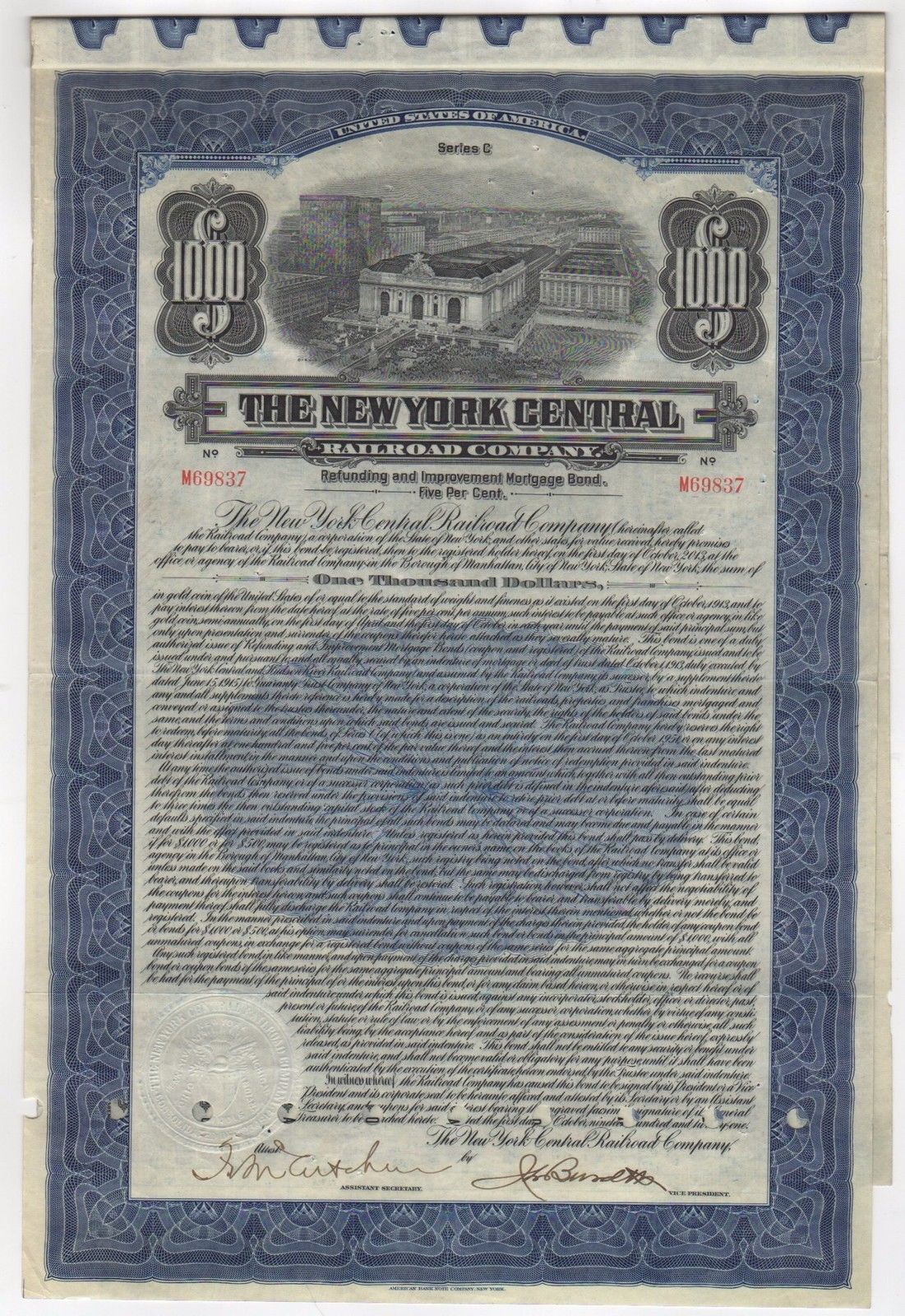 1921 The New York Central Railroad Company Bond with coupons