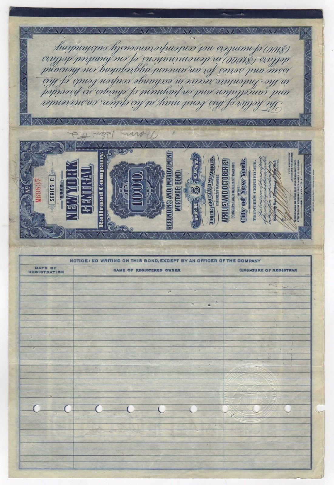 1921 The New York Central Railroad Company Bond with coupons