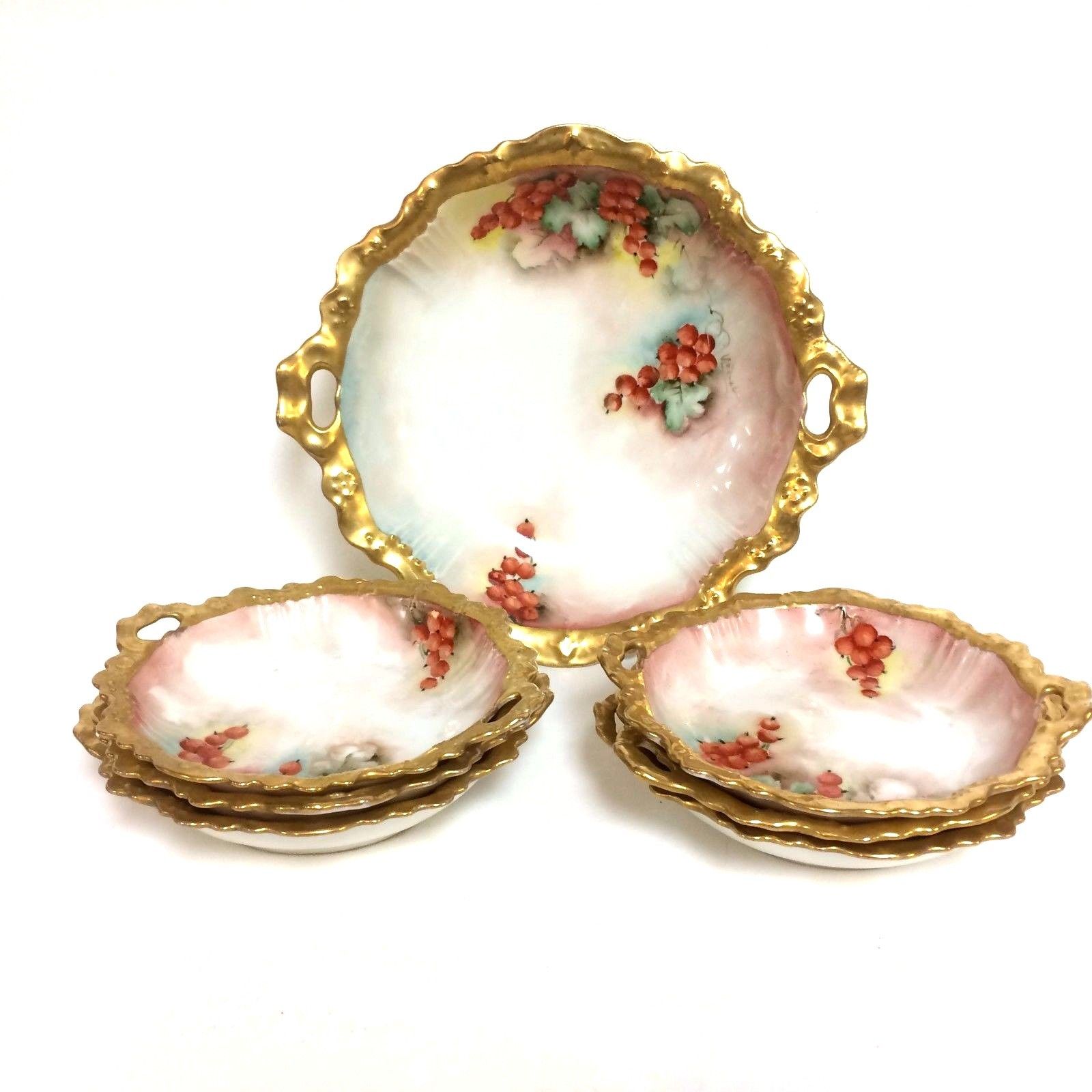 7 Piece Limoges Nut Fruit Bowl Dish Set with Hand painted Berries