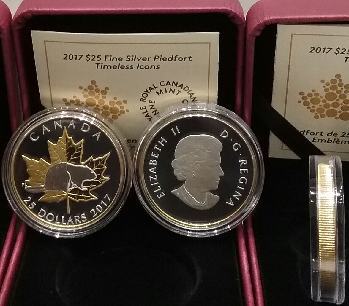 2017 Iconic Piedfort $25 1OZ Pure Silver Gold Plated Coin Canada BeaverMapleLeaf