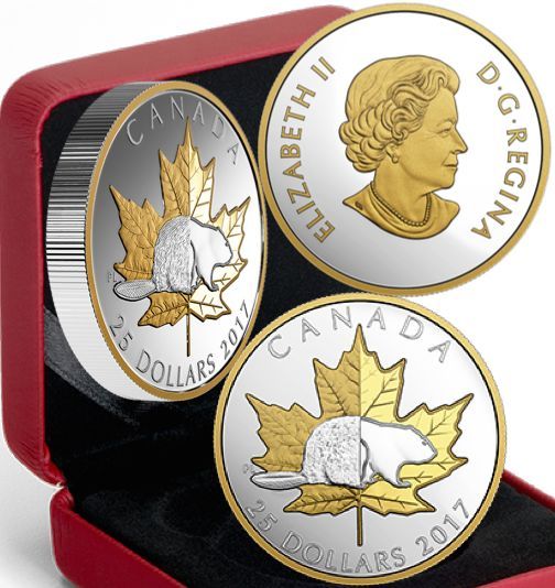 2017 Iconic Piedfort $25 1OZ Pure Silver Gold Plated Coin Canada BeaverMapleLeaf