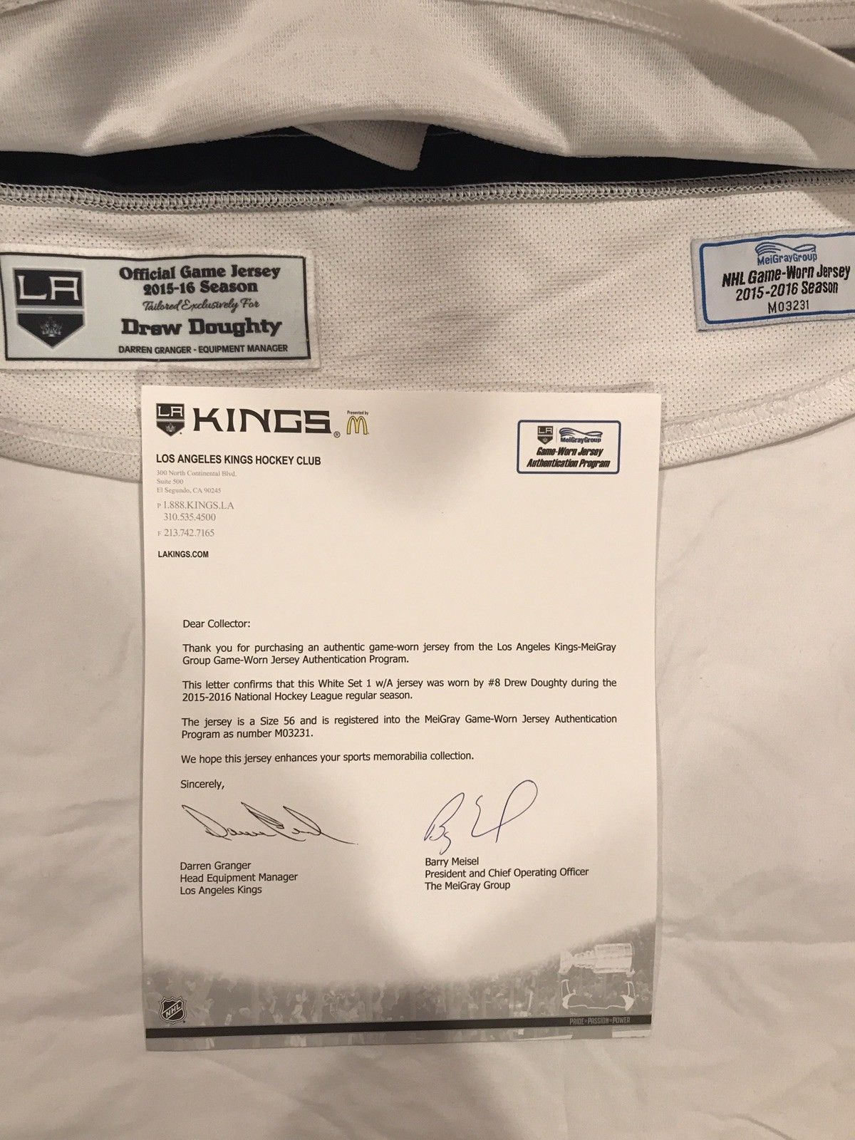 Drew Doughty Game Worn Used Kings NHL Jersey Meigray