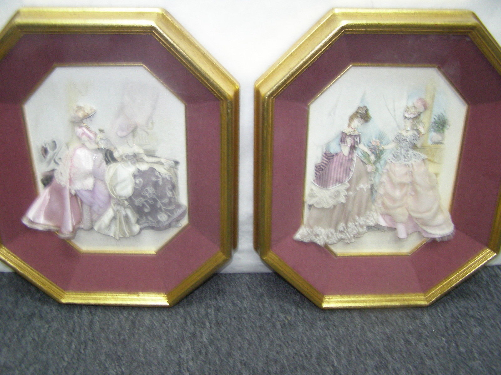 Rare Set Antique French Fashion La Mode Illustree 3-D Shadow Box Fabric Art