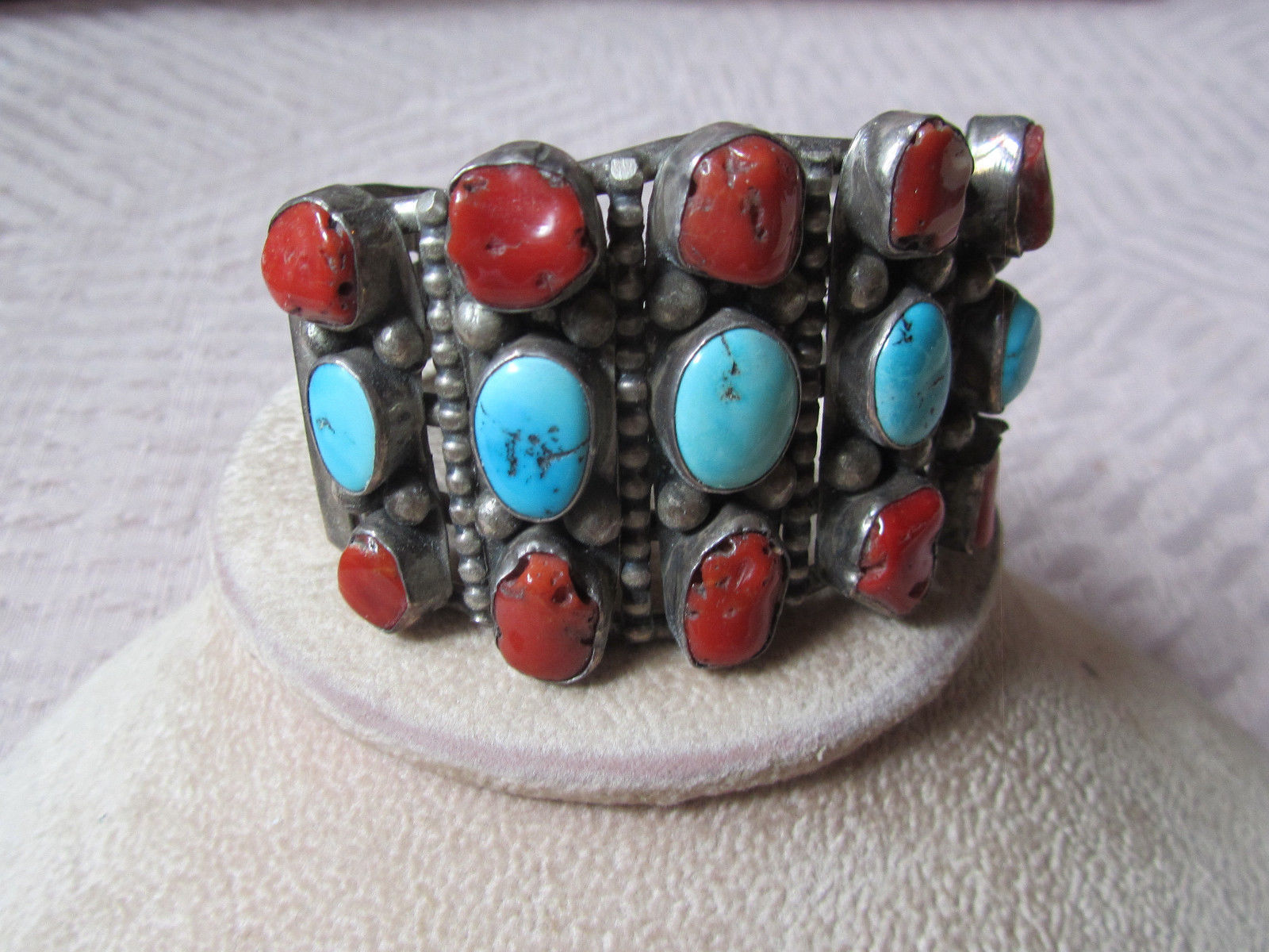 VINTAGE ALVIN YAZZIE NAVAJO STERLING SILVER TURQUOISE CORAL CUFF BRACELET