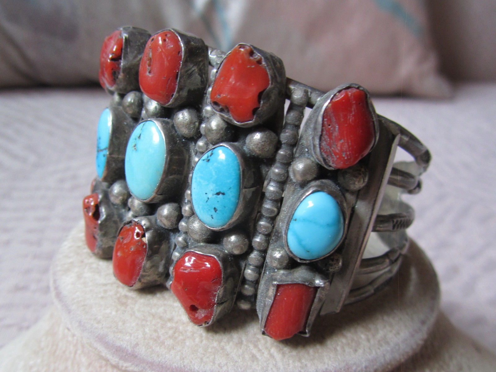 VINTAGE ALVIN YAZZIE NAVAJO STERLING SILVER TURQUOISE CORAL CUFF BRACELET