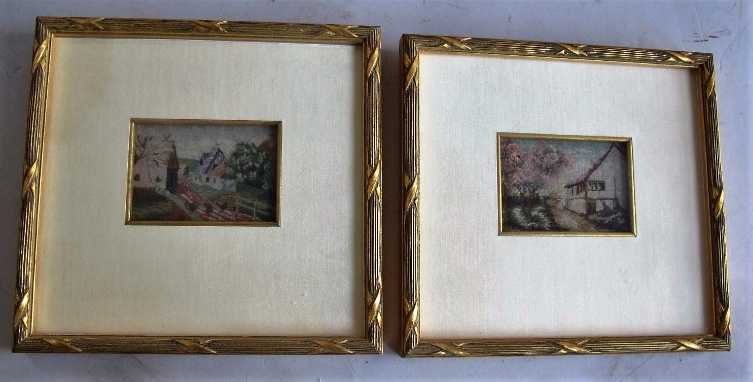 Fine Pair of 19th C. Miniature Petit Point Panels Panels in Gilt Wood Frames