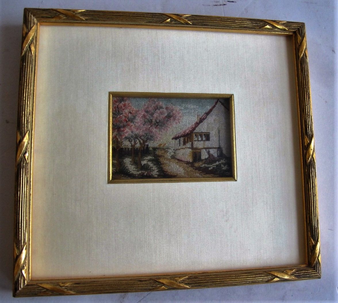 Fine Pair of 19th C. Miniature Petit Point Panels Panels in Gilt Wood Frames