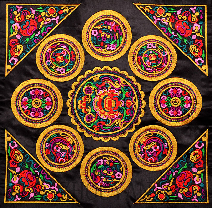 CHINA ABORIGINAL VINTAGE QUILT FABRIC EMBROIDERY PATCH PAINTING: MIAO MANDALA