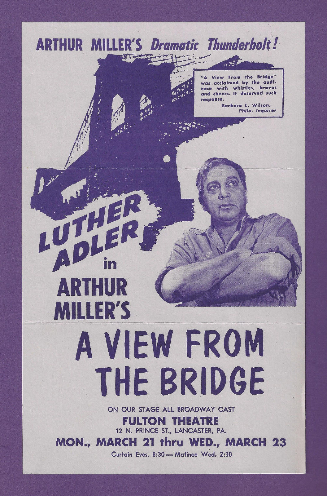 Arthur Miller's "A VIEW FROM THE BRIDGE" Luther Adler 1960 Lancaster Flyer