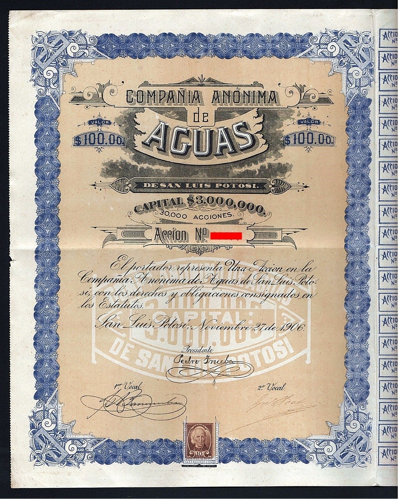 1906 Mexico: Compania Anonima de Aguas de San Luis Potosi, with 99 coupons