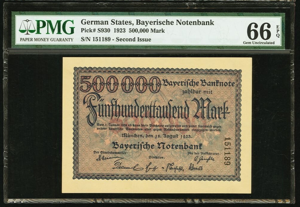 1923 Germany 500,000 Mark 2nd Issue PMG GEM UNC 66 EPQ (PS930)