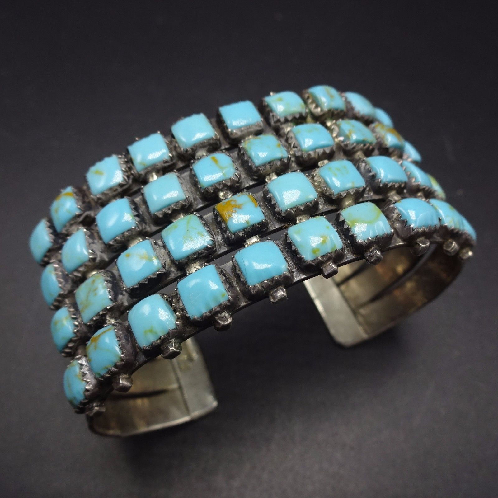 Vintage NAVAJO Harvey Era Sterling Silver & TURQUOISE Cluster Cuff BRACELET