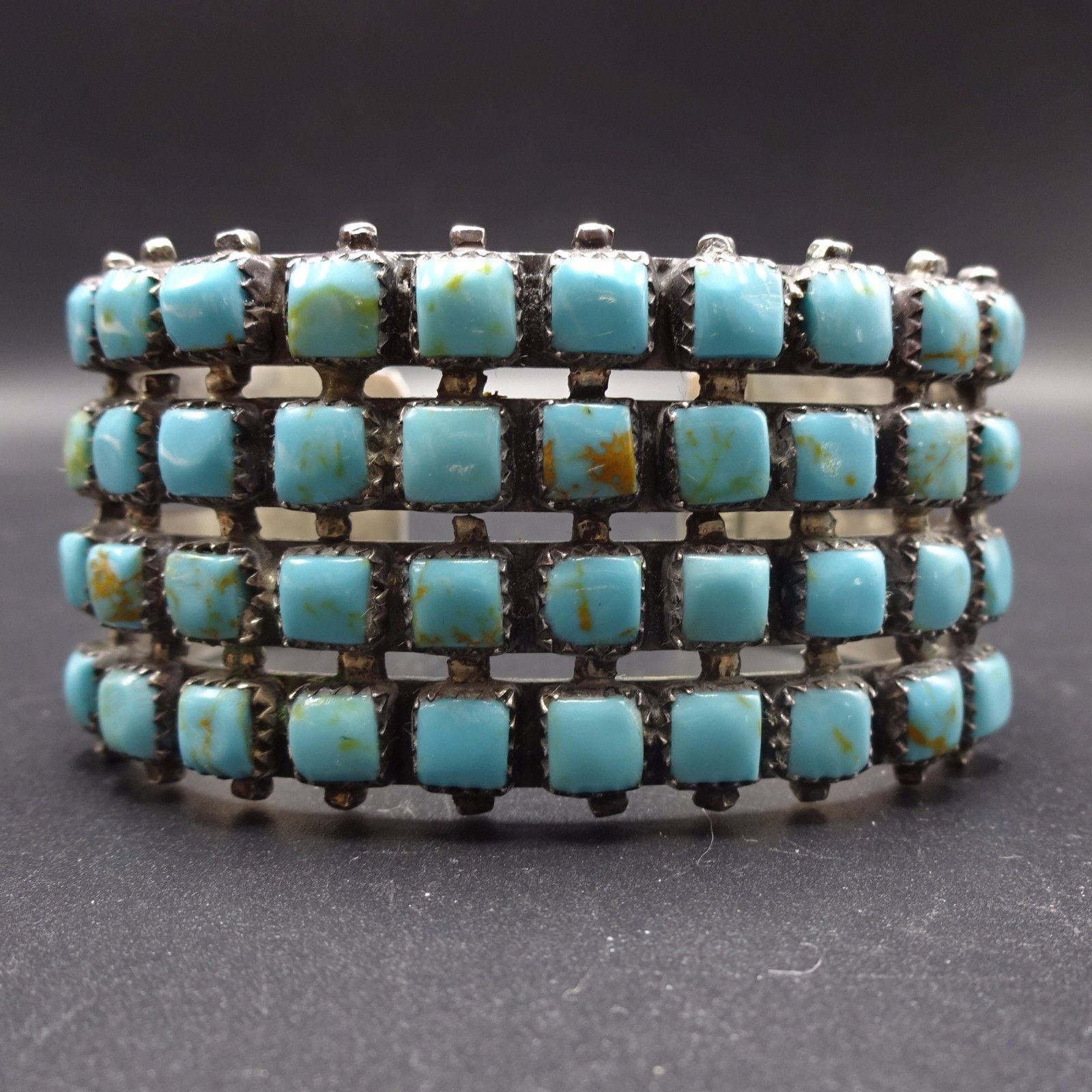 Vintage NAVAJO Harvey Era Sterling Silver & TURQUOISE Cluster Cuff BRACELET