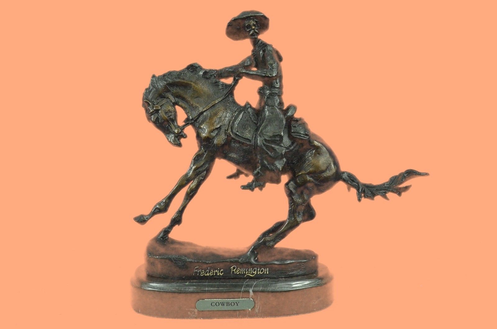 Rare Sculpture Frederic Remington Cowboy Riding Horse Rodeo Marble Base Bronze S