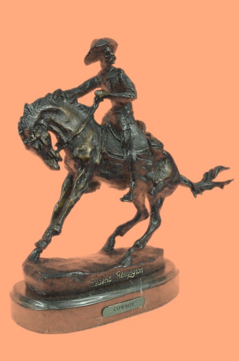 Rare Sculpture Frederic Remington Cowboy Riding Horse Rodeo Marble Base Bronze S