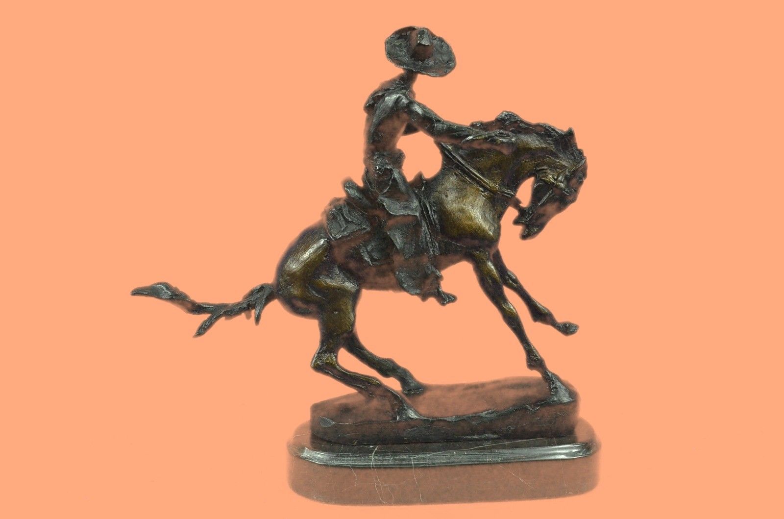 Rare Sculpture Frederic Remington Cowboy Riding Horse Rodeo Marble Base Bronze S