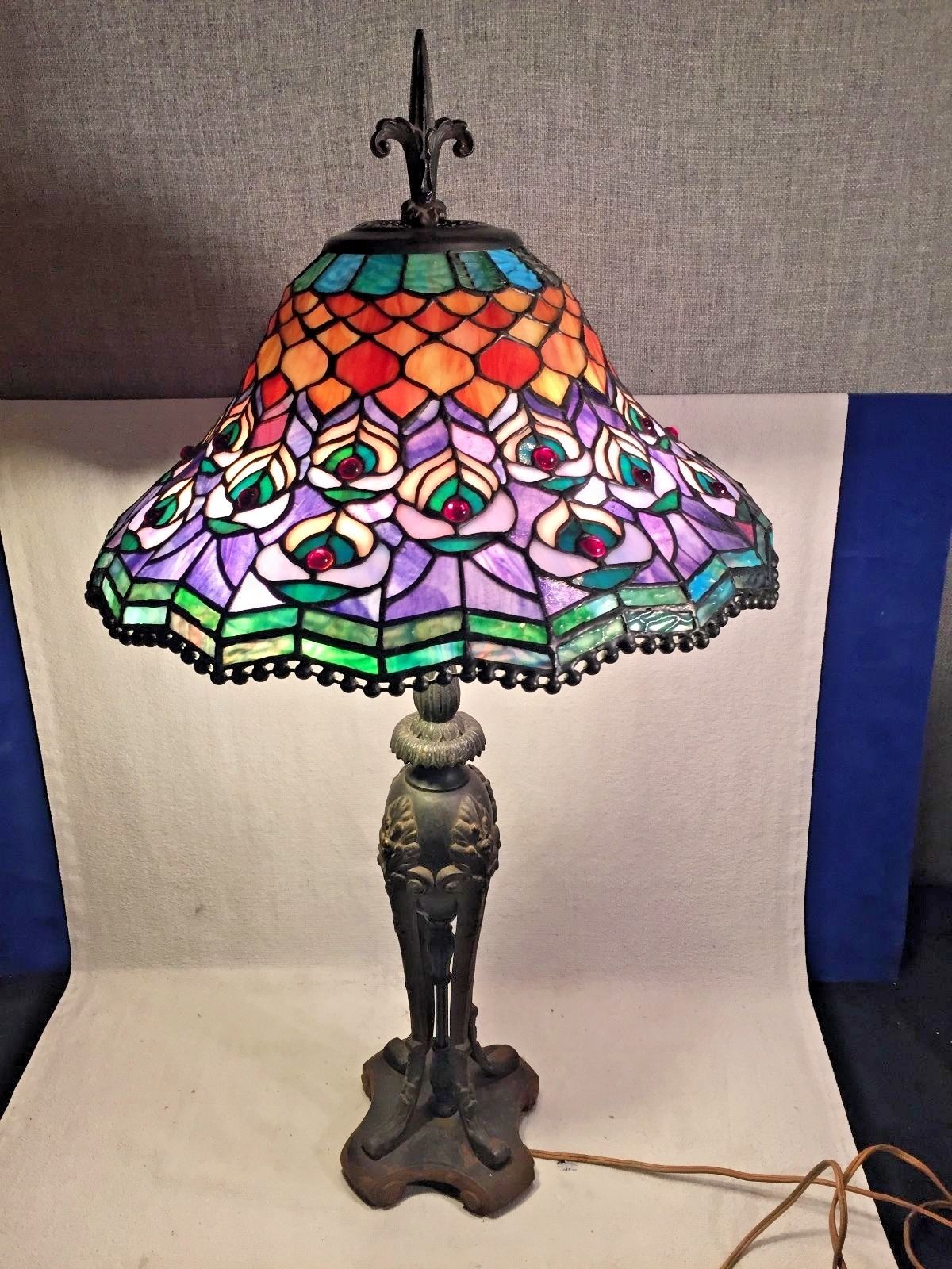 Vintage BRADLEY & HUBBARD Art DECO NOUVEAU 30" Table LAMP 3 Socket TIFFANY SHADE