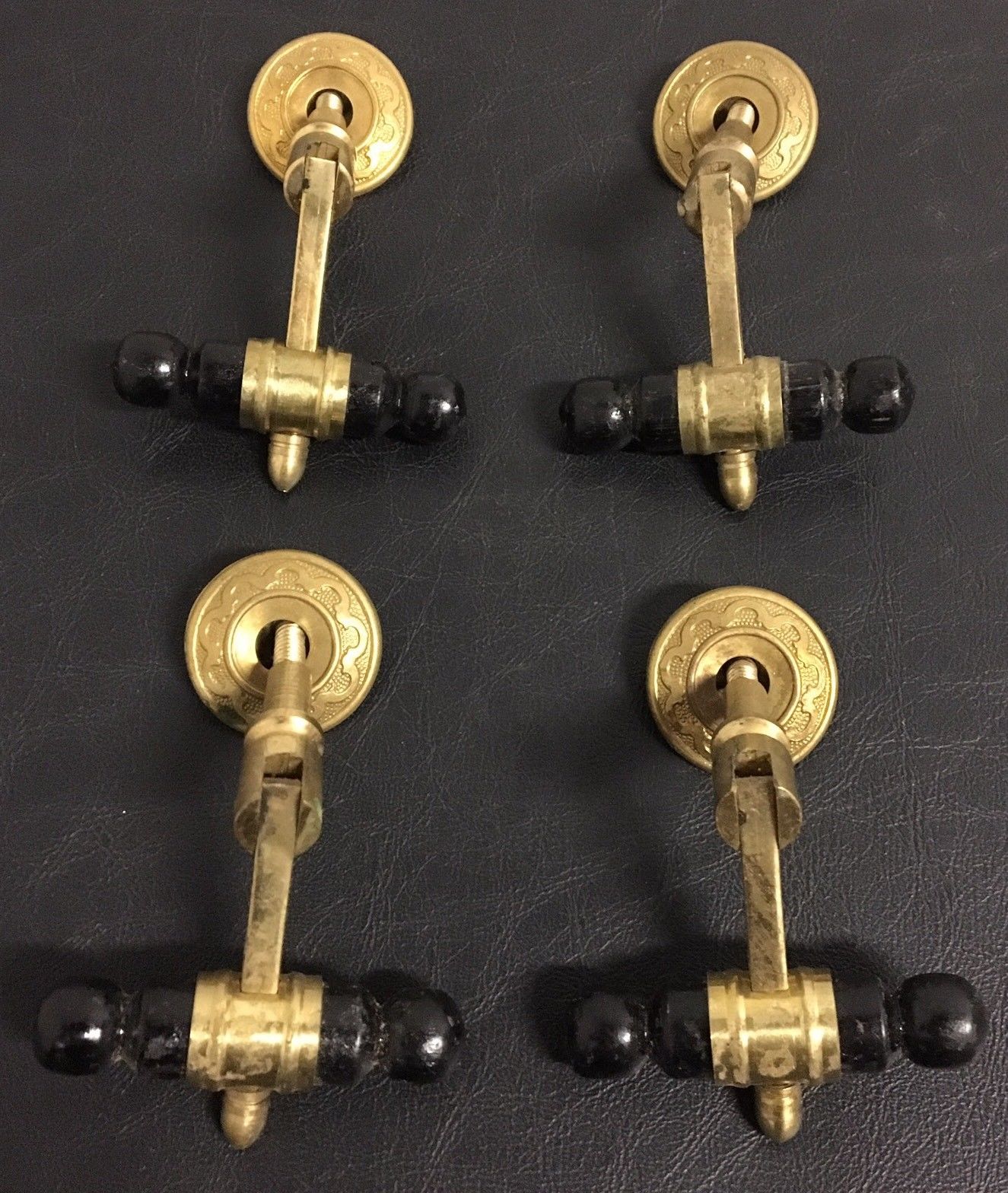 Set of 4 Antique Old Brass EASTLAKE Ebony Wood T Drop Pull Handle w/ Backplates