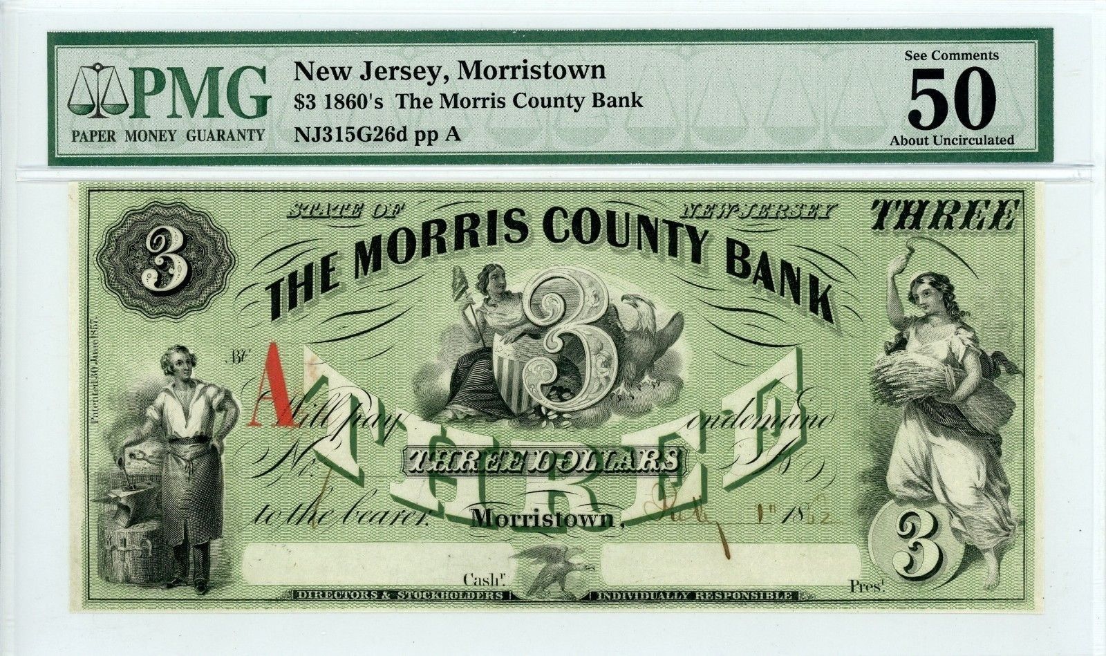 1862 $3 The Morris County Bank - Morristown, NEW JERSEY Note PMG AU 50 EPQ