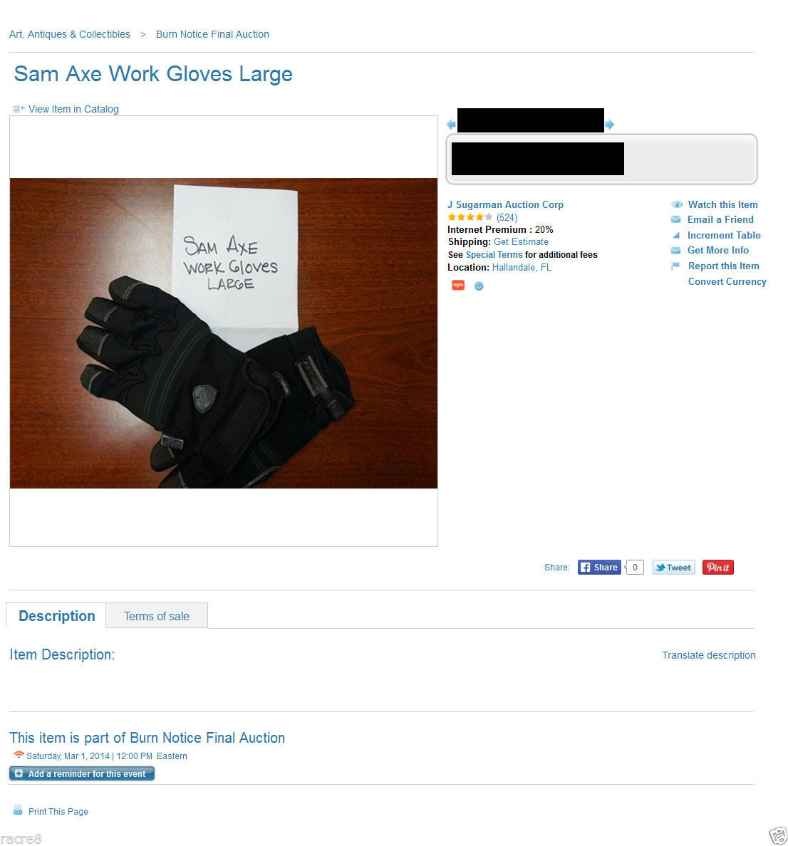 Burn Notice prop: Bruce Campbell’s (Evil Dead) actor-used Sam Axe Work Gloves!