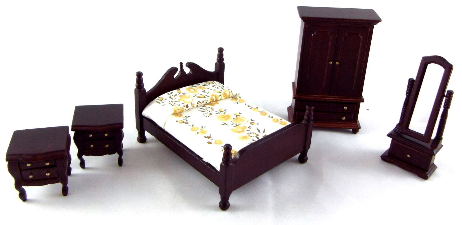 Dolls House 1:24 Scale Miniature Dark Oak Wooden Victorian Bedroom Furniture Set