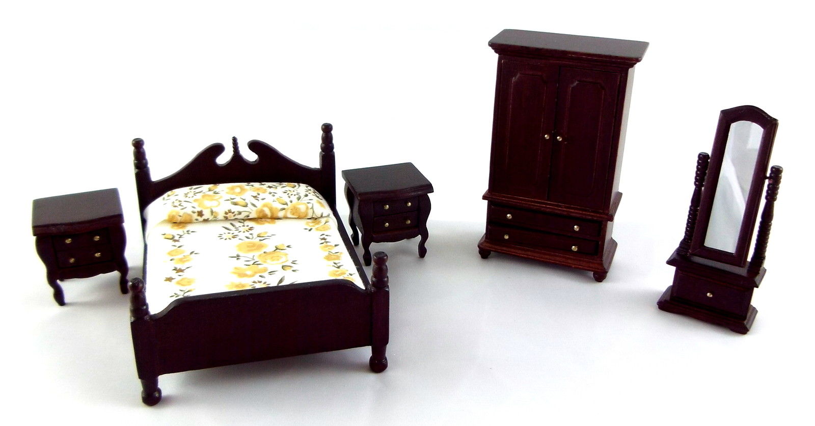 Dolls House 1:24 Scale Miniature Dark Oak Wooden Victorian Bedroom Furniture Set