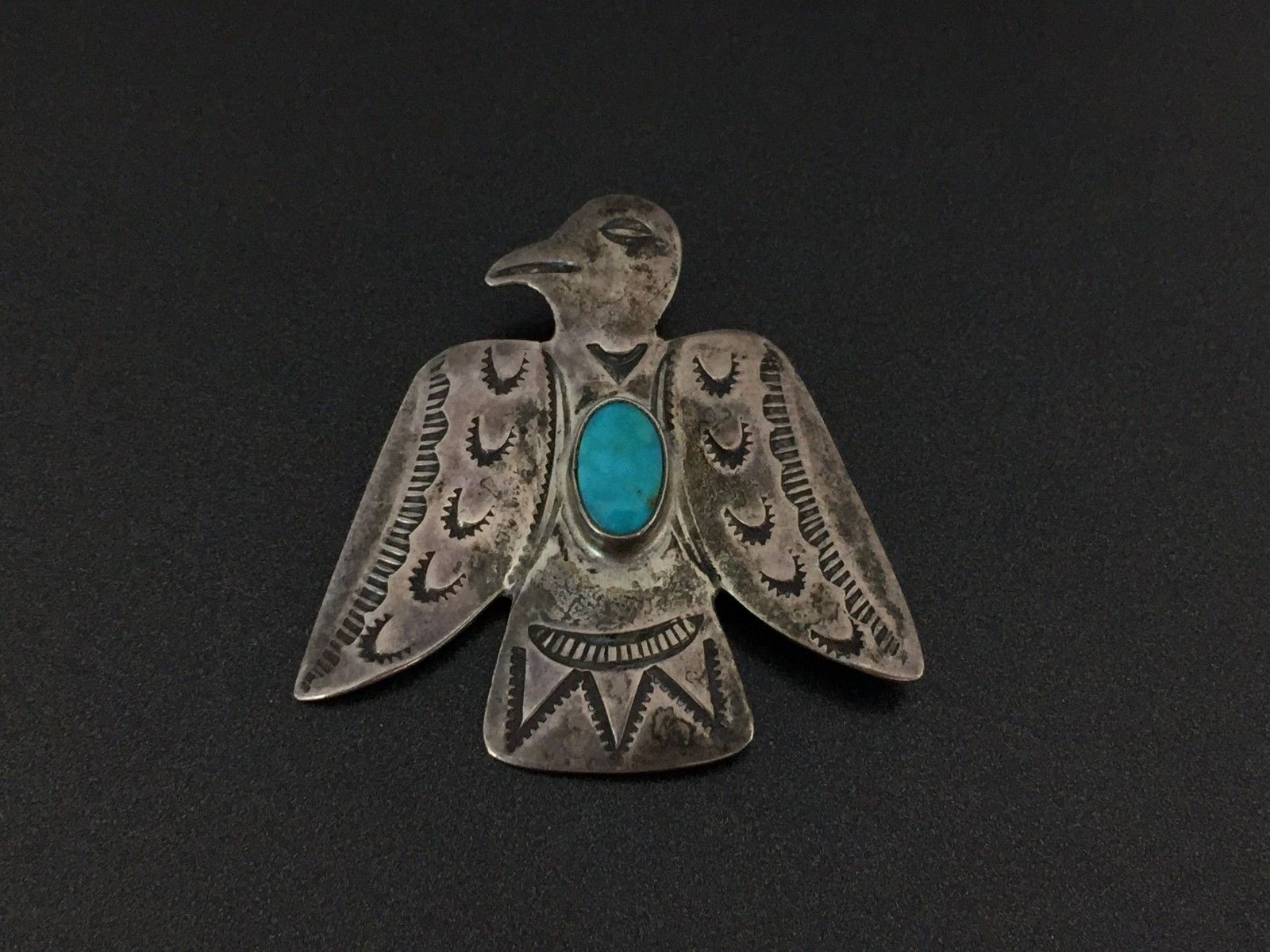 Vintage Navajo Indian Sterling Silver Turquoise Eagle Stampwork Pin Brooch