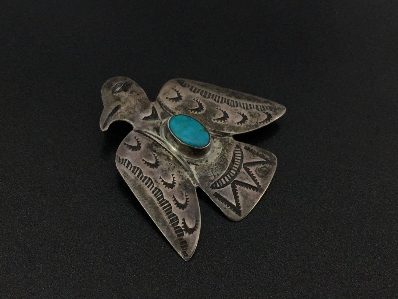 Vintage Navajo Indian Sterling Silver Turquoise Eagle Stampwork Pin Brooch