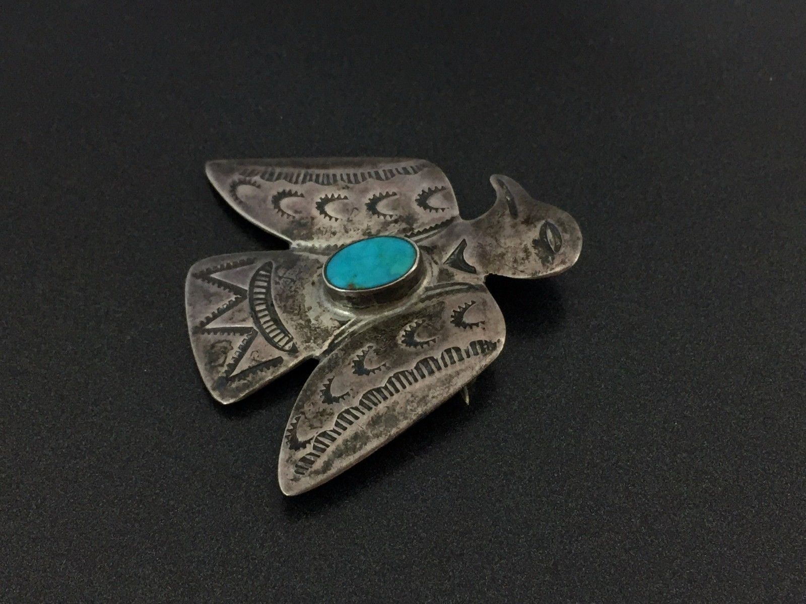 Vintage Navajo Indian Sterling Silver Turquoise Eagle Stampwork Pin Brooch