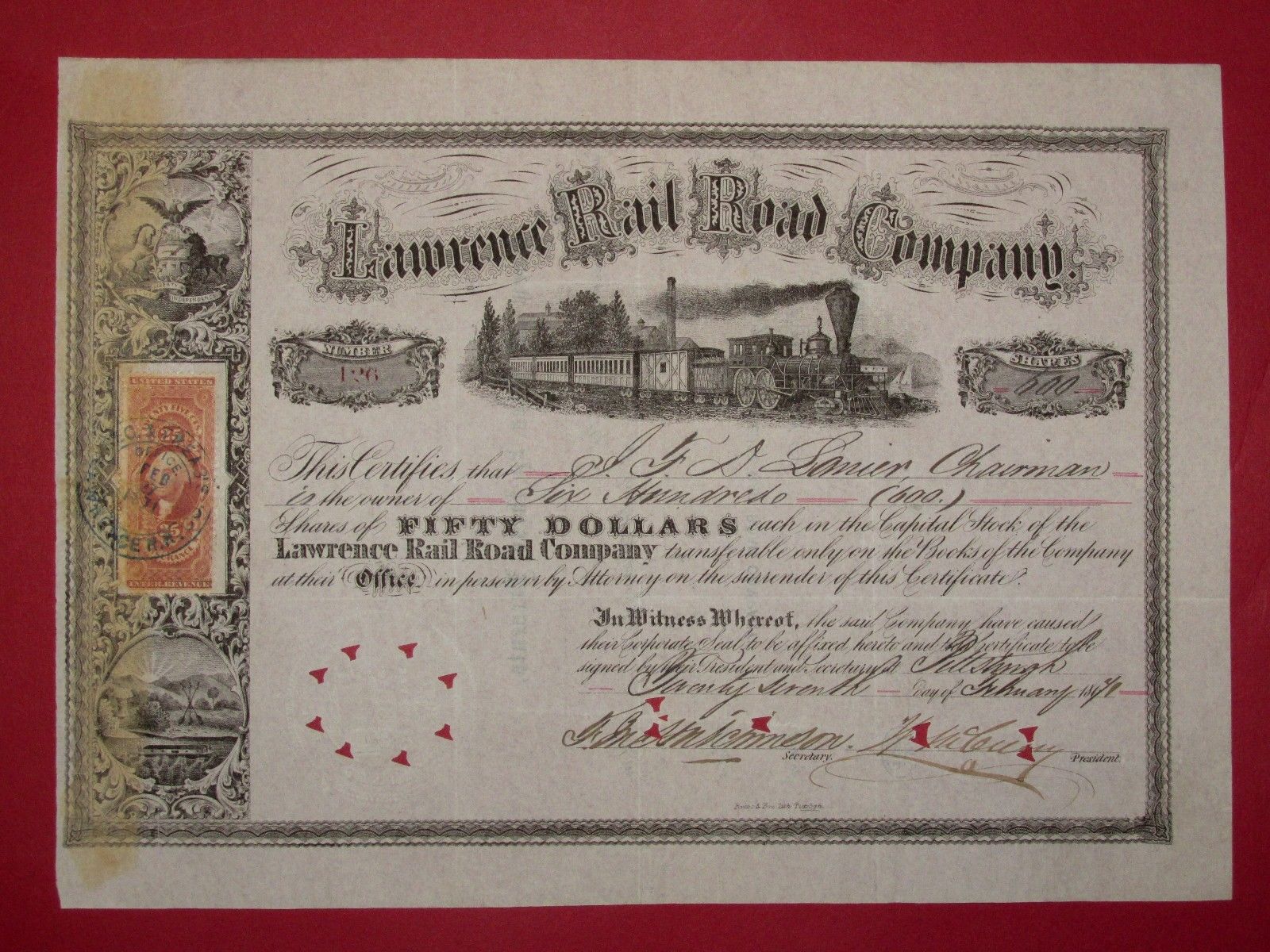 1871 Lawrence Rail Road Company - stock certificate issued to J.F.D.Lanier