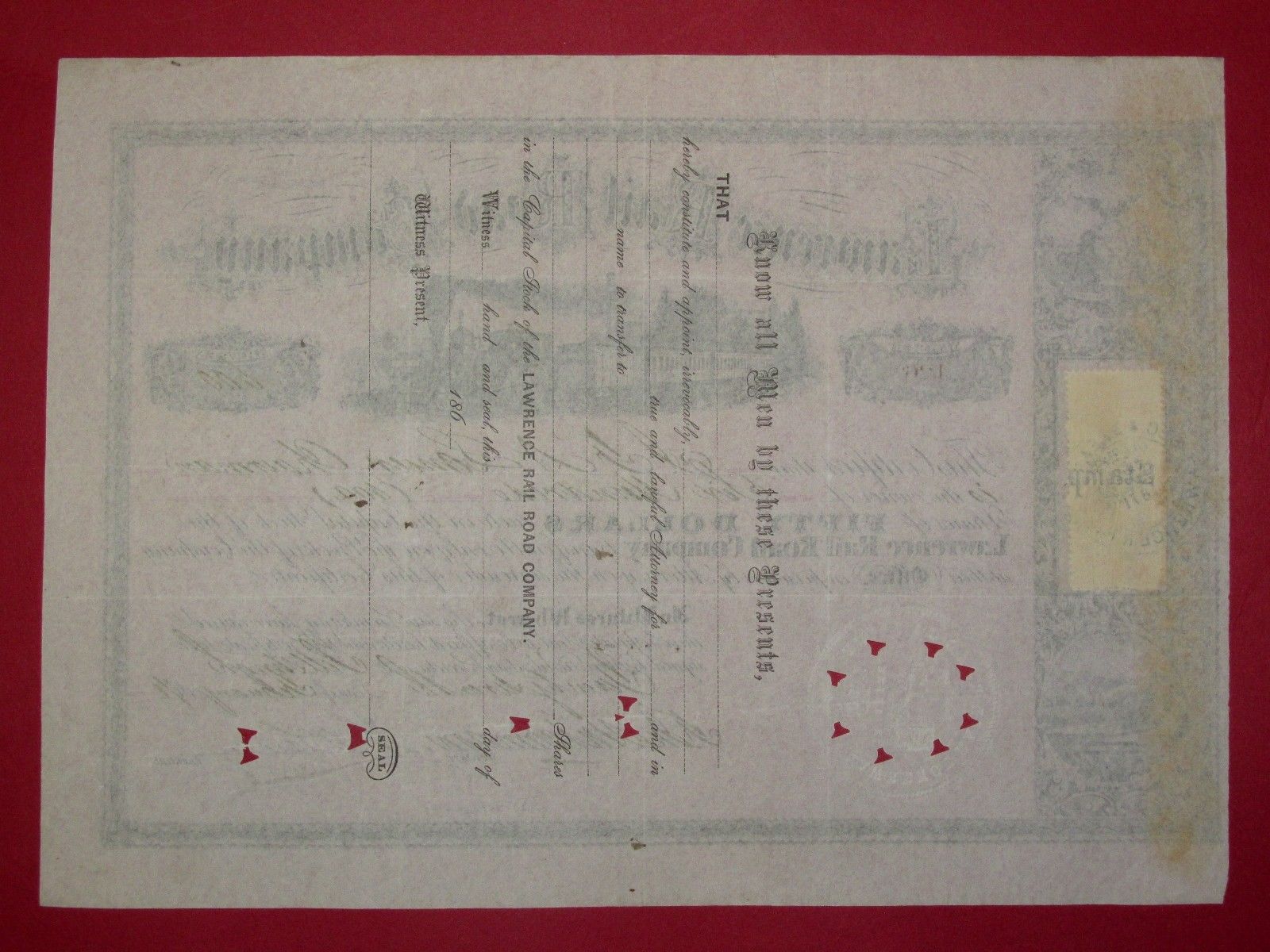 1871 Lawrence Rail Road Company - stock certificate issued to J.F.D.Lanier