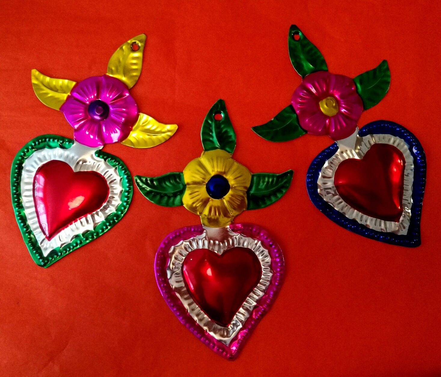 Authentic Mexican Tin Folk Art Pretty  Heart Milagro with Flower Cross Oaxaca
