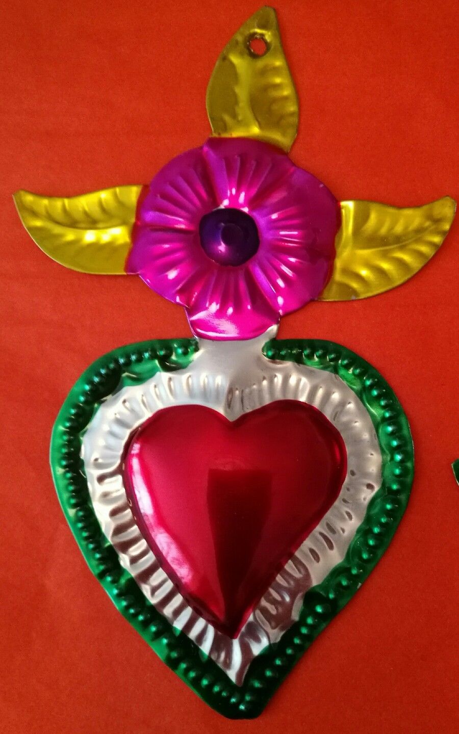 Authentic Mexican Tin Folk Art Pretty  Heart Milagro with Flower Cross Oaxaca