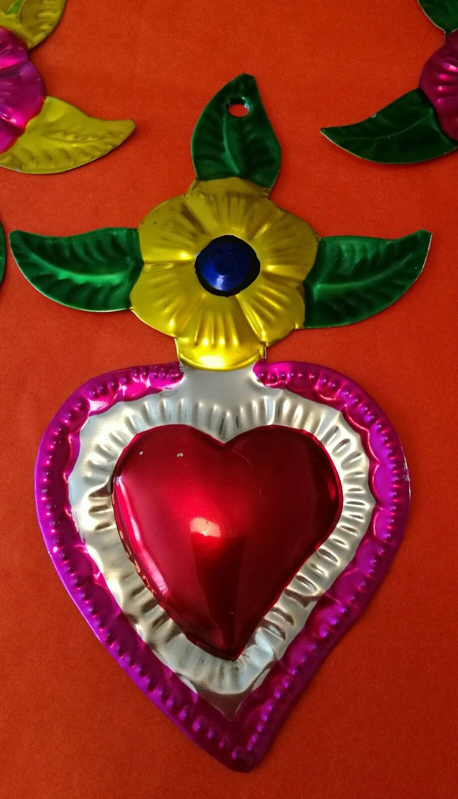 Authentic Mexican Tin Folk Art Pretty  Heart Milagro with Flower Cross Oaxaca