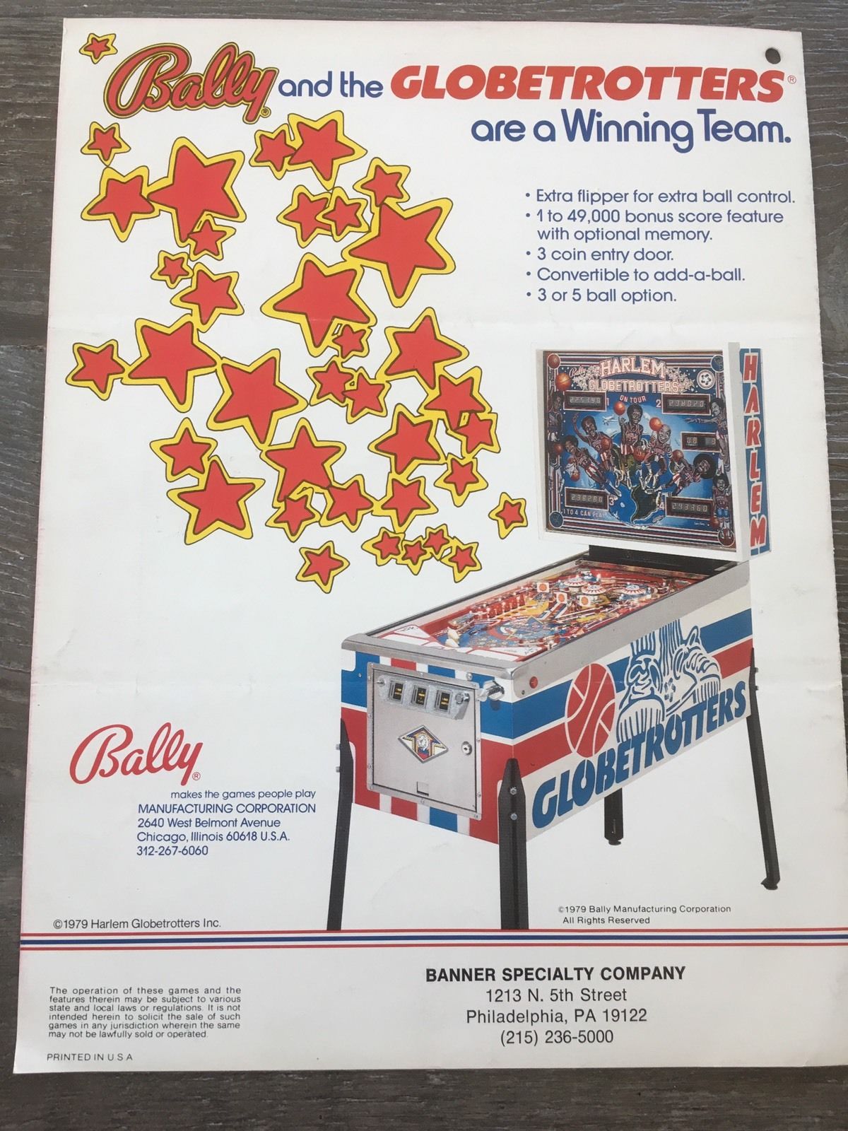 Vintage Harlem Globetrotters Bally 1979 Pinball Machine Sales Flyer C1