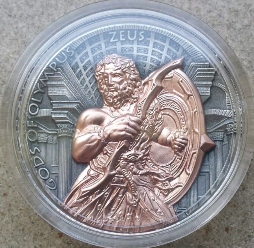 2017 2 Oz Silver ZEUS GODS OF OLYMPUS Silver Coin, 5$ Niue Island.